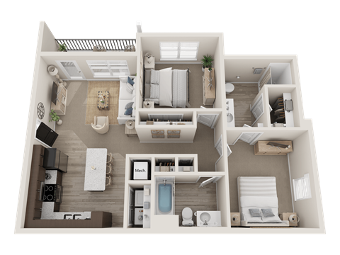 A 3D floor plan of an apartment showing a kitchen, living room, dining area, and bedrooms.